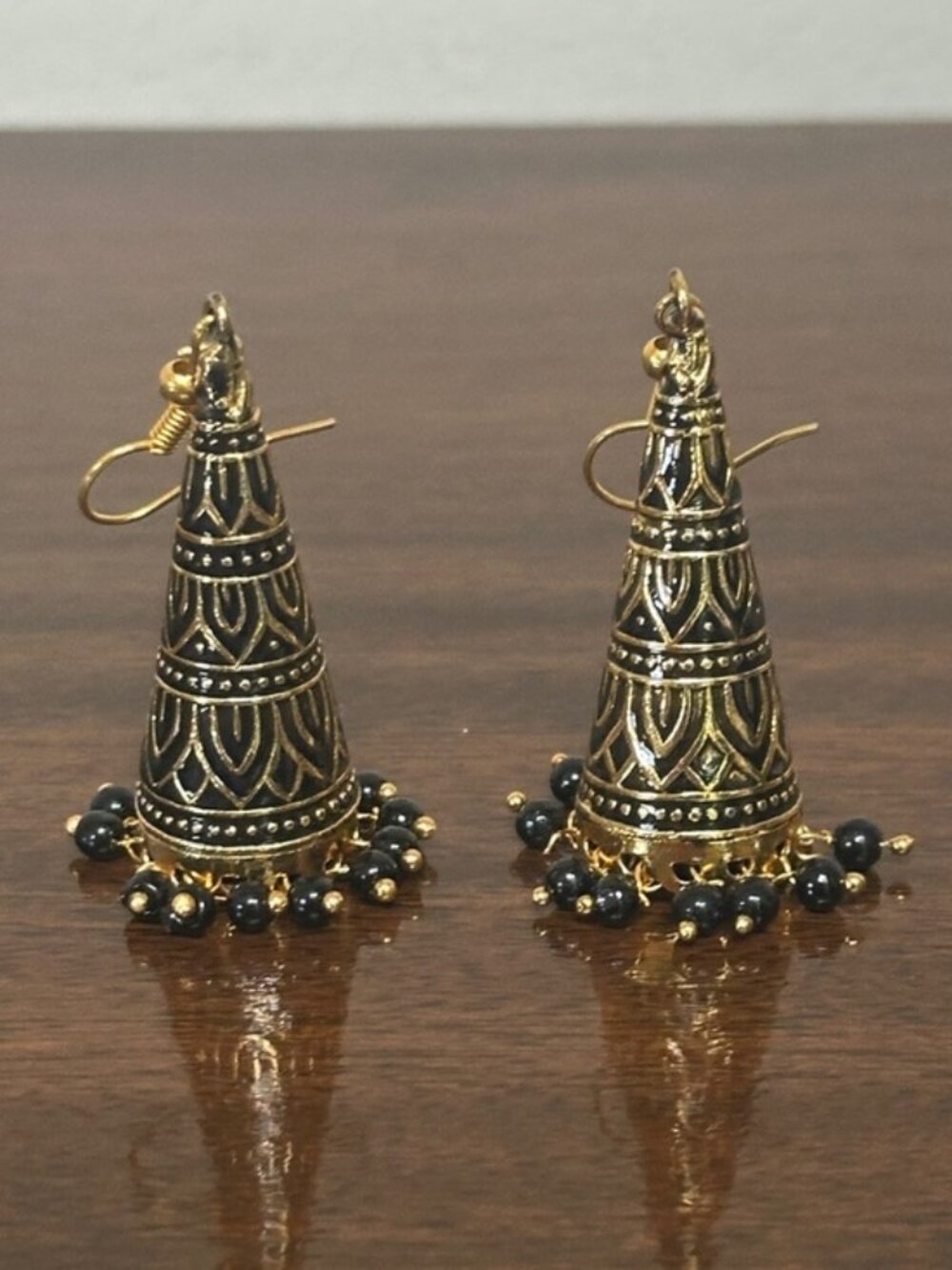 Gold-Tone Black Bead Jhumka Earrings - See Video!